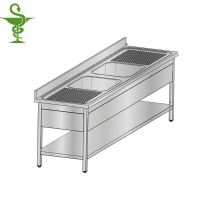 évier médical ouvert 2 bacs au centre et 2 drains