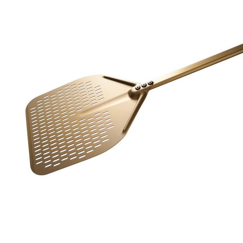Pelle à Pizza En Acier Inoxydable Perforée - 40 X 35 Cm - Avec Poignée Confort Et Bracelet Cuir - Idéale Pour Four - 6