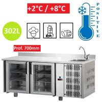 Table réfrigérée INOX 2 portes vitrées GN 1/1 avec dosseret et évier